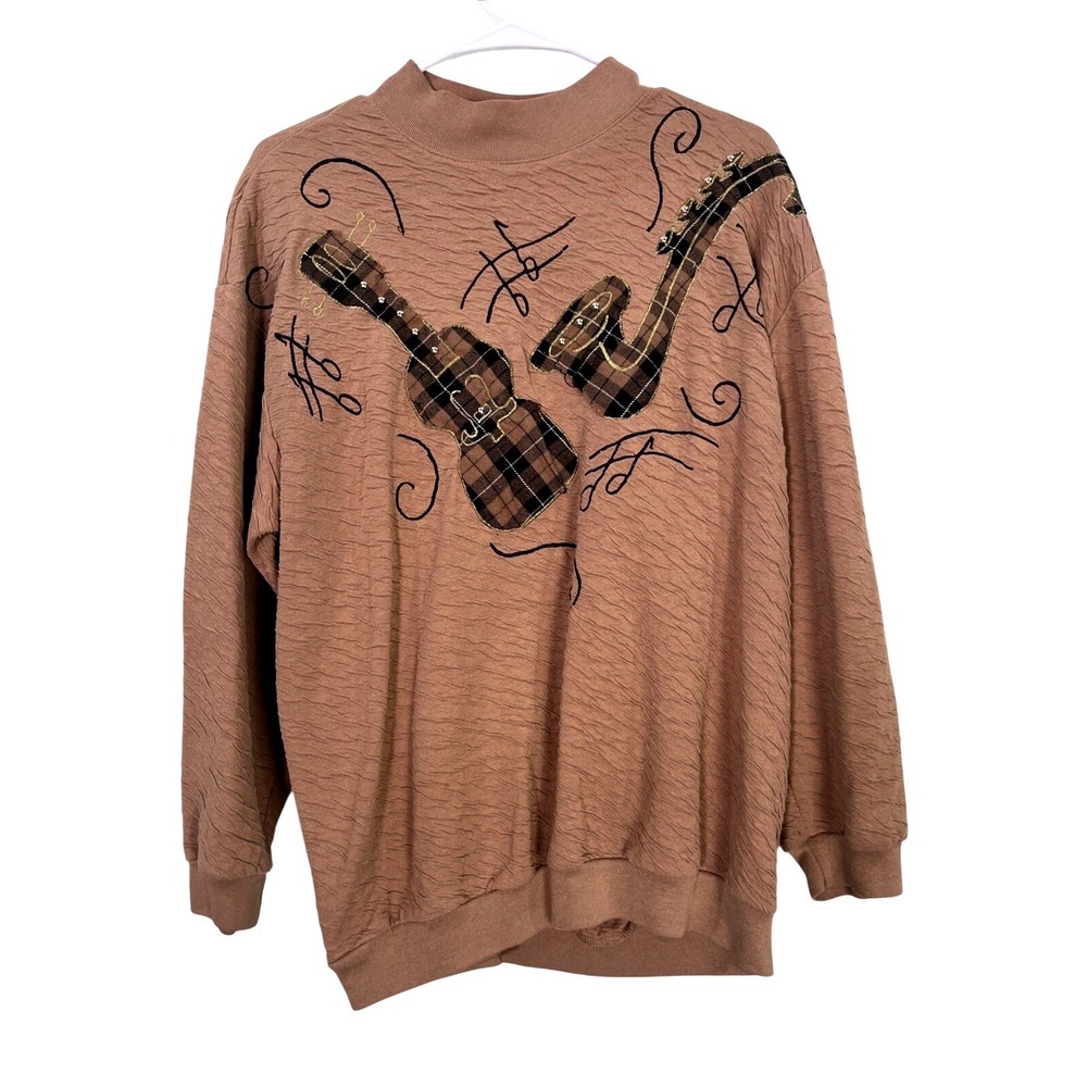 Donna Toran Pullover Women XL Brown Music‎ Plaid Applique Mock Neck Vintage 90s